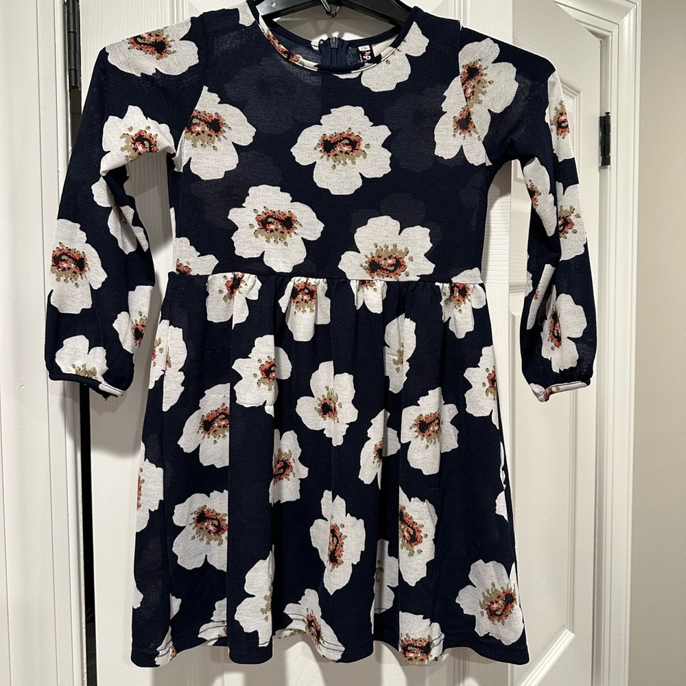 White and Blue Floral Sundress with 3/4 Cuffed Sleeves